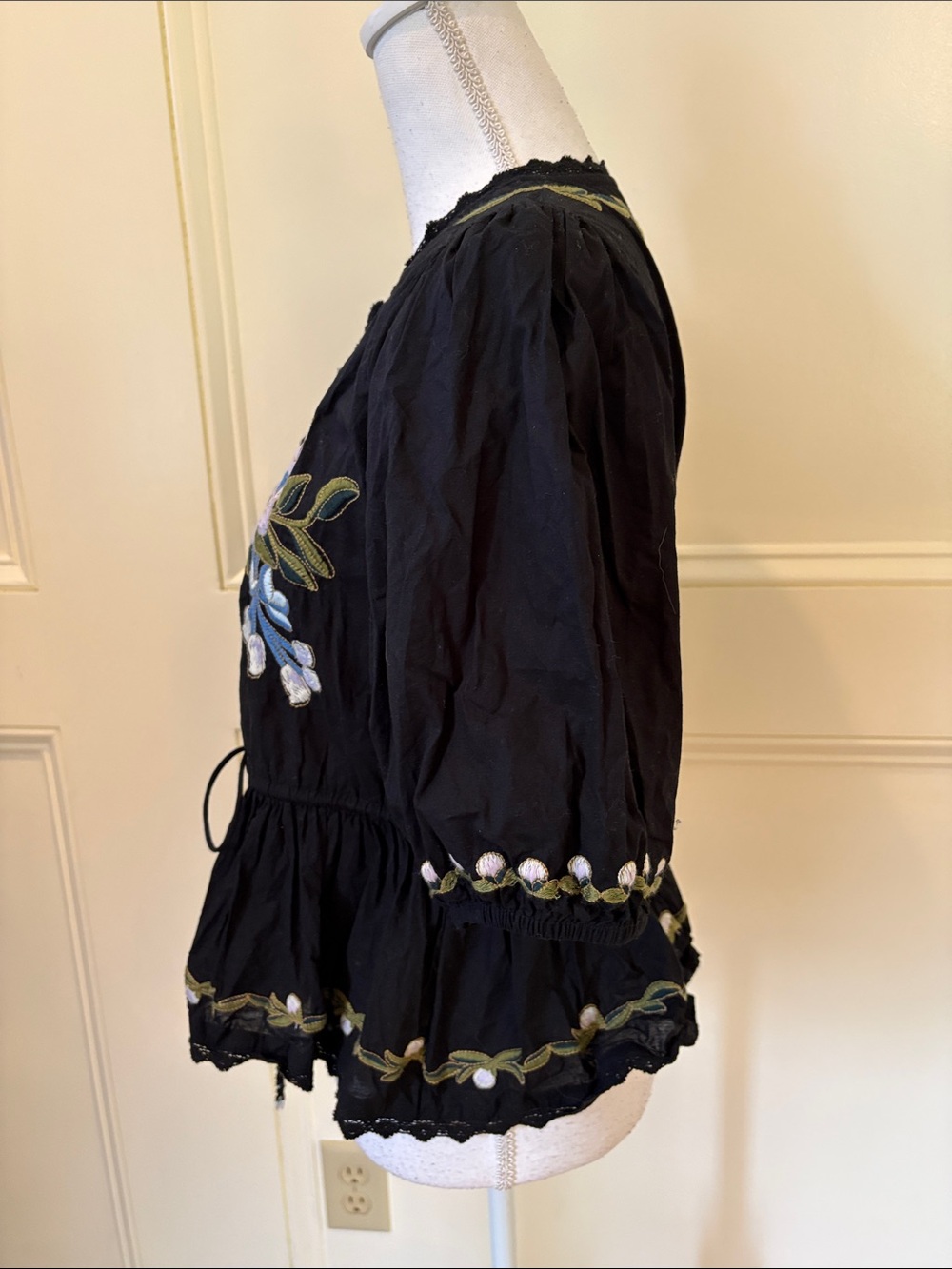 Black Floral Cotton Embroidered Peplum Blouse - Picture 7 of 9